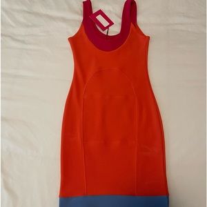 Medium Multicolor bandage dress. Vibrant pink orange and baby blue.